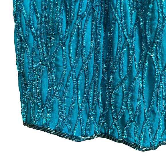 Vintage Stenay 100% Silk Aqua Full Sequin Cocktail Dress Beaded Neck Womens 8 - Picture 2 of 6